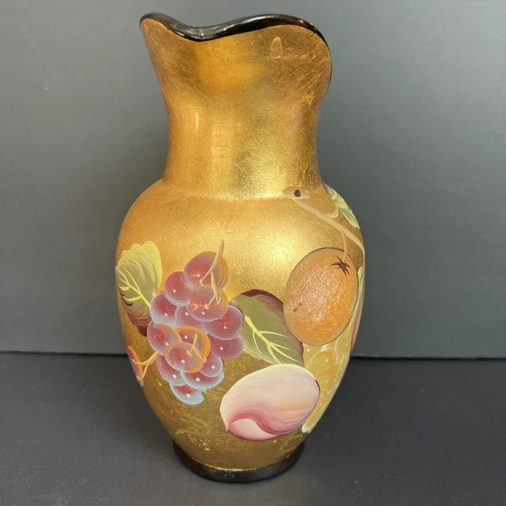 VTG Gold Gilt Hand Painted Fruit Pitcher Vase Stoneware Japan Style 9.5